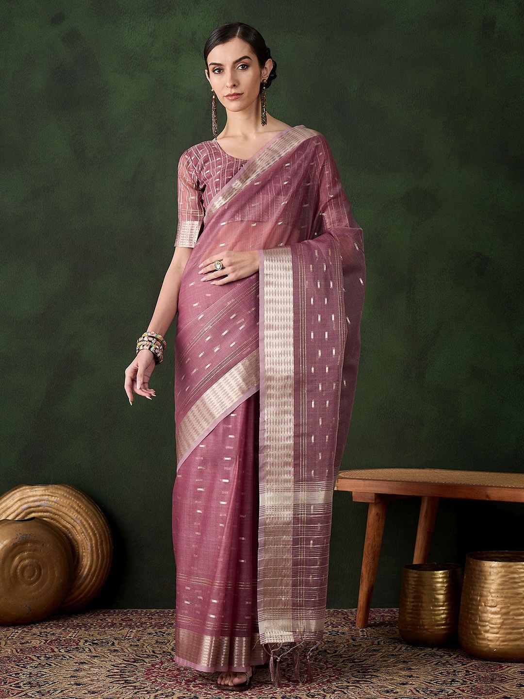 

MANVAA Woven Design Zari Weaving Work Organza Designer Saree, Magenta