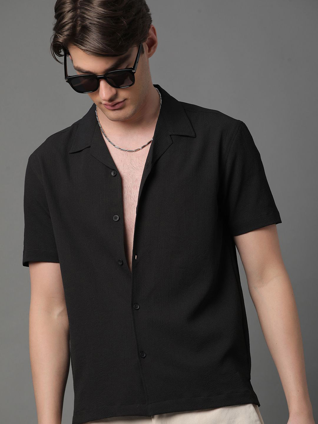 

Metronaut Men Regular Fit Cuban Collar Textured Casual Shirt, Black