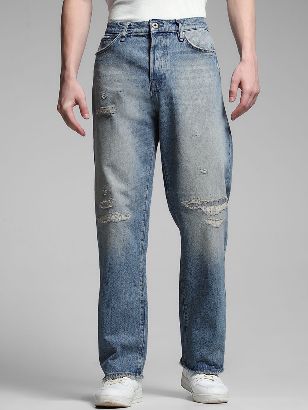 

Jack & Jones Men Wide Leg High-Rise Highly Distressed Heavy Fade Jeans, Blue