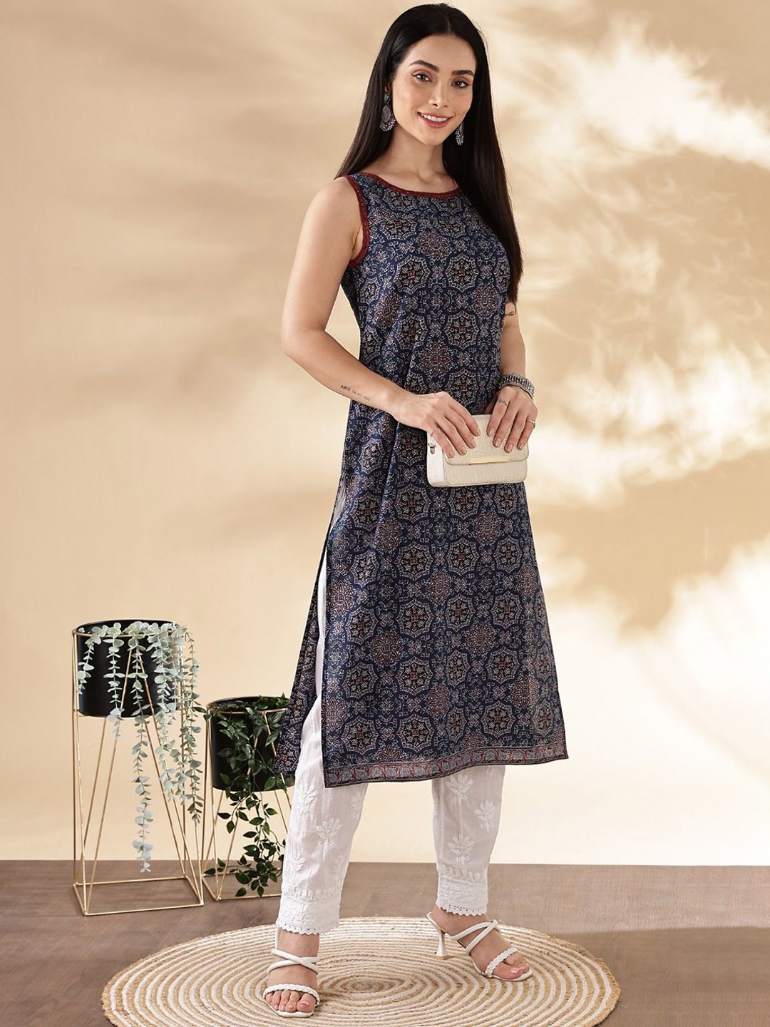 

Anouk Navy Blue Ethnic Motifs Printed Boat Neck Straight Kurta