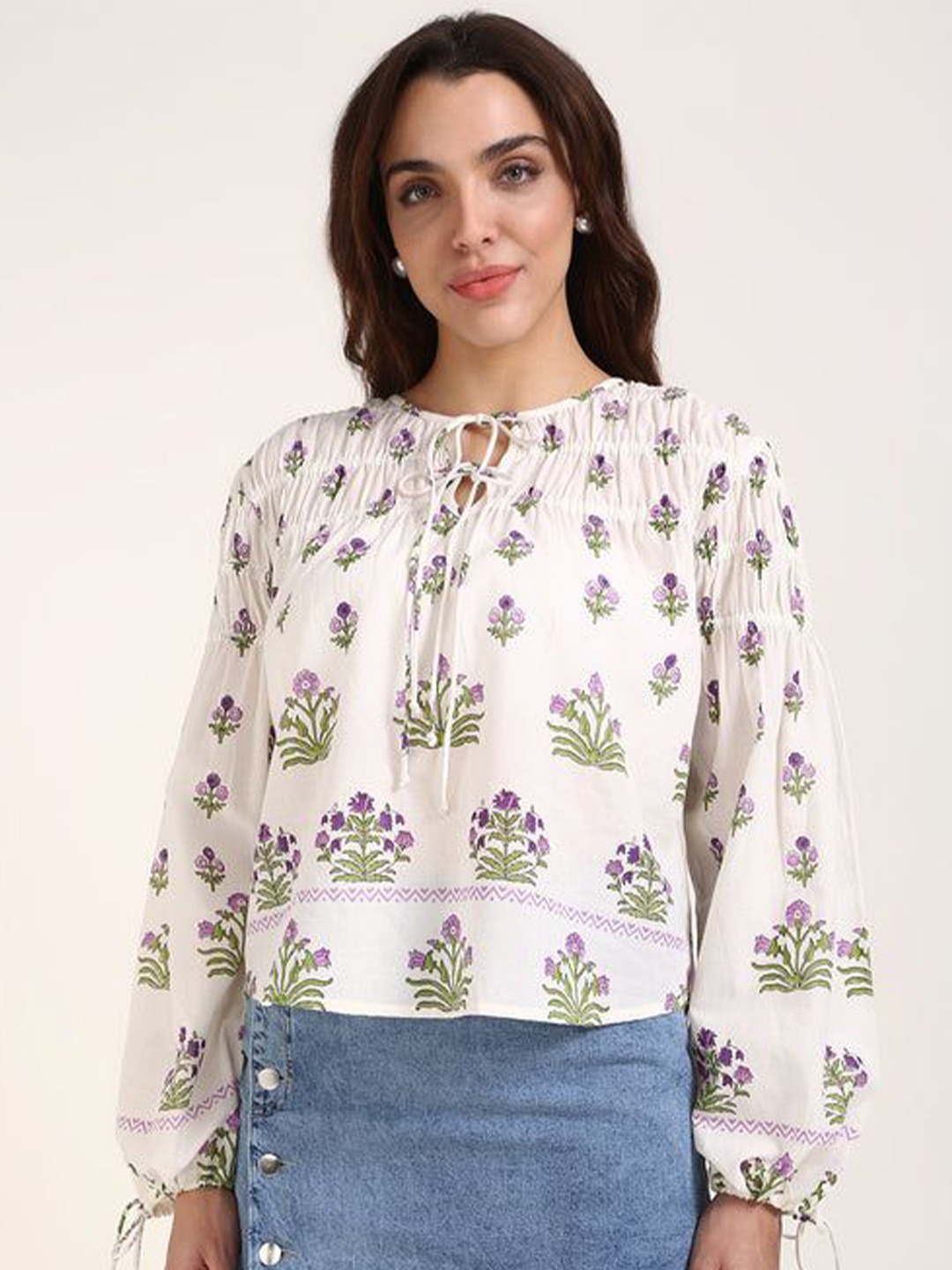 

Virgio Women Falak The Starlit Whispers Jaipur Hand Block Print Full Sleeves Smocked Top, White