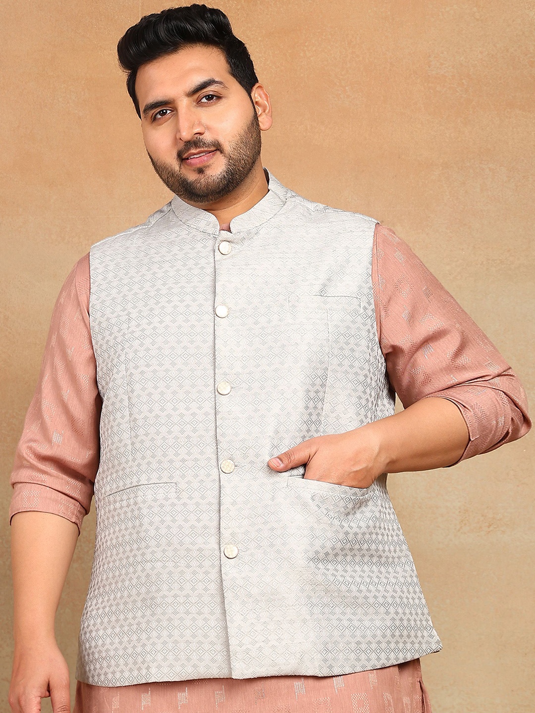 

Sztori Men Plus Size Printed Brocade Nehru Jacket, Grey