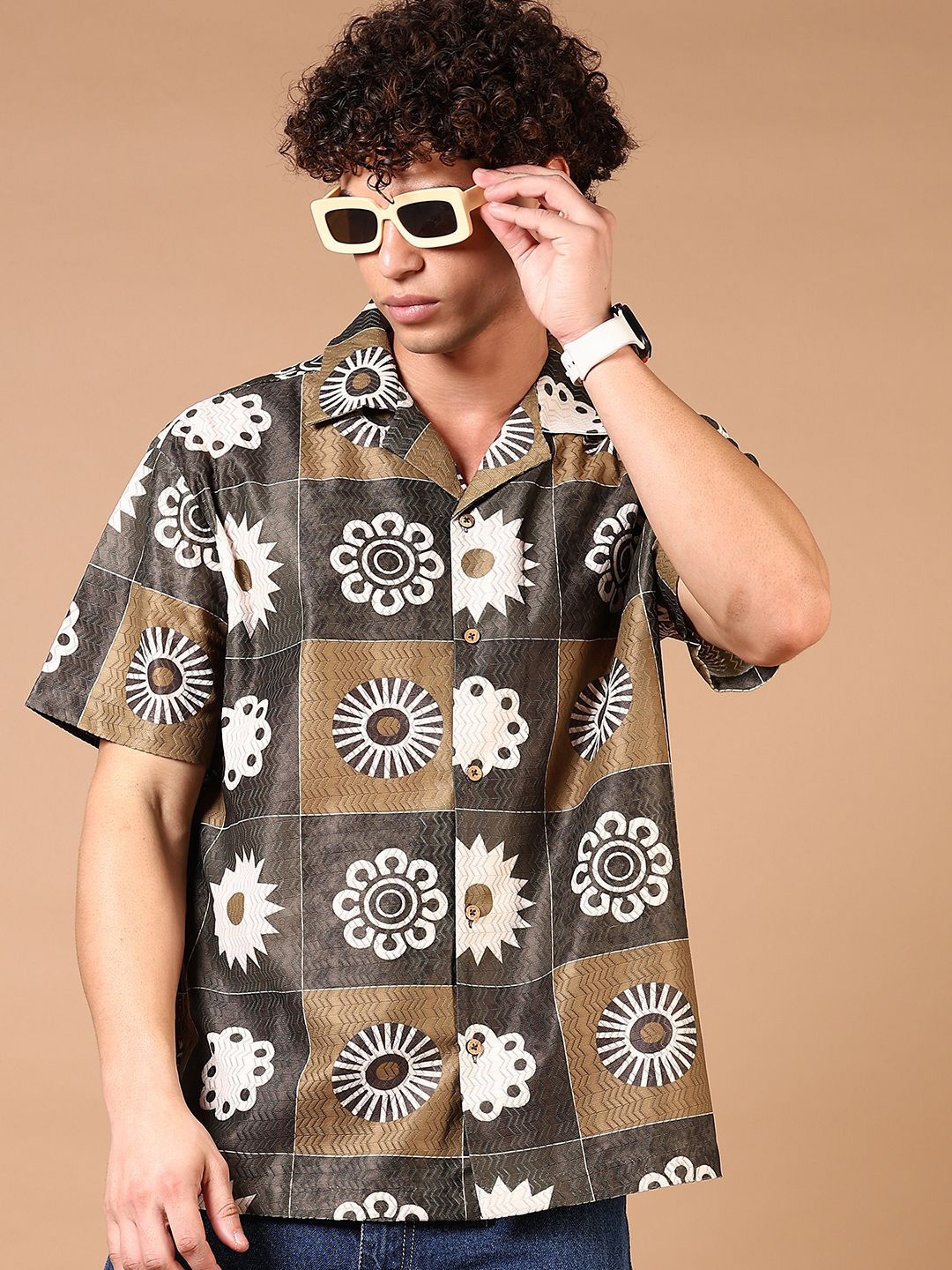 

V-Mart Men Relaxed Fit Cuban Collar Floral Printed Cotton Casual Shirt, Brown