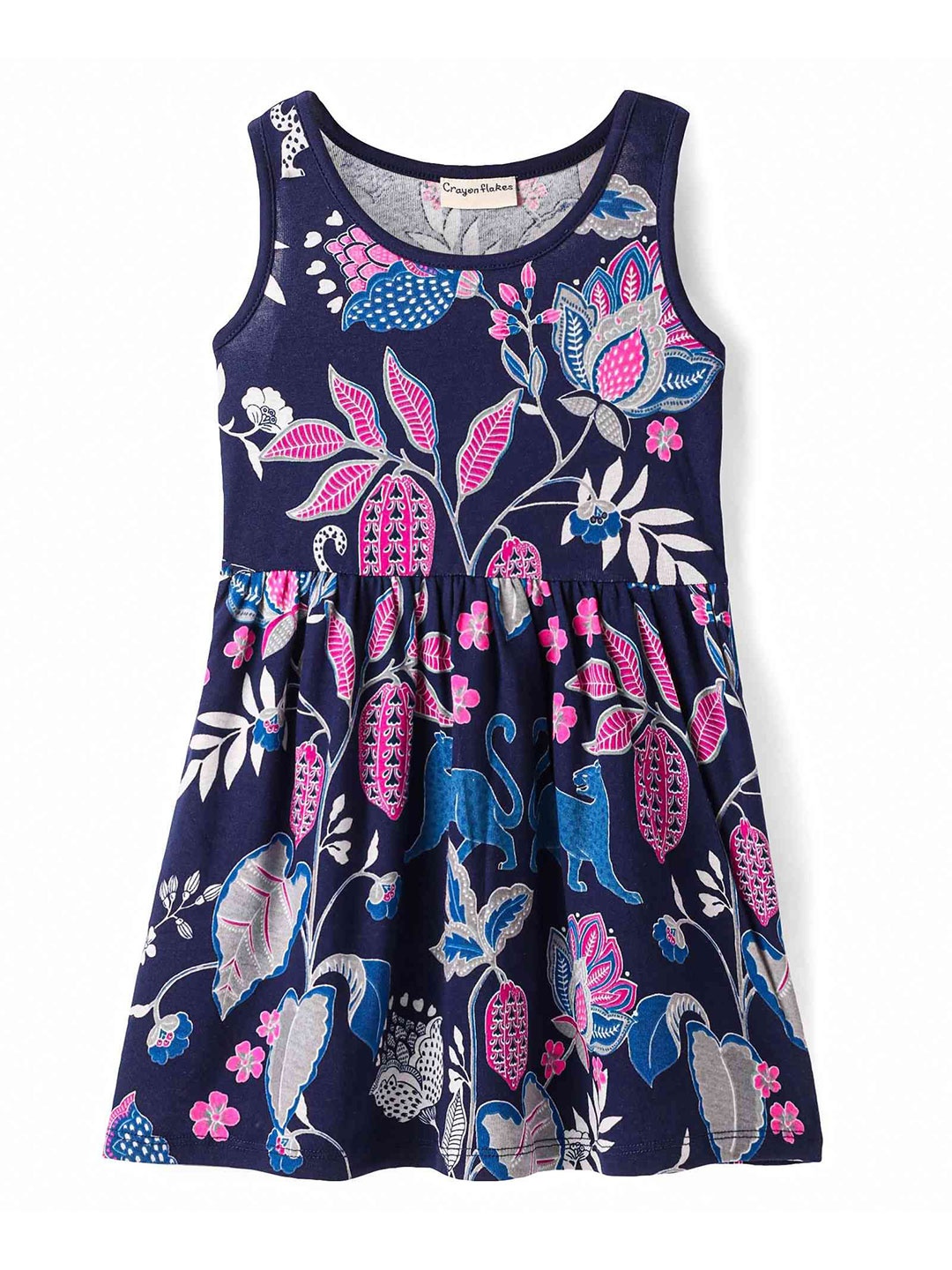 

CrayonFlakes Girls Floral Printed Pleated Fit & Flare Dress, Navy blue