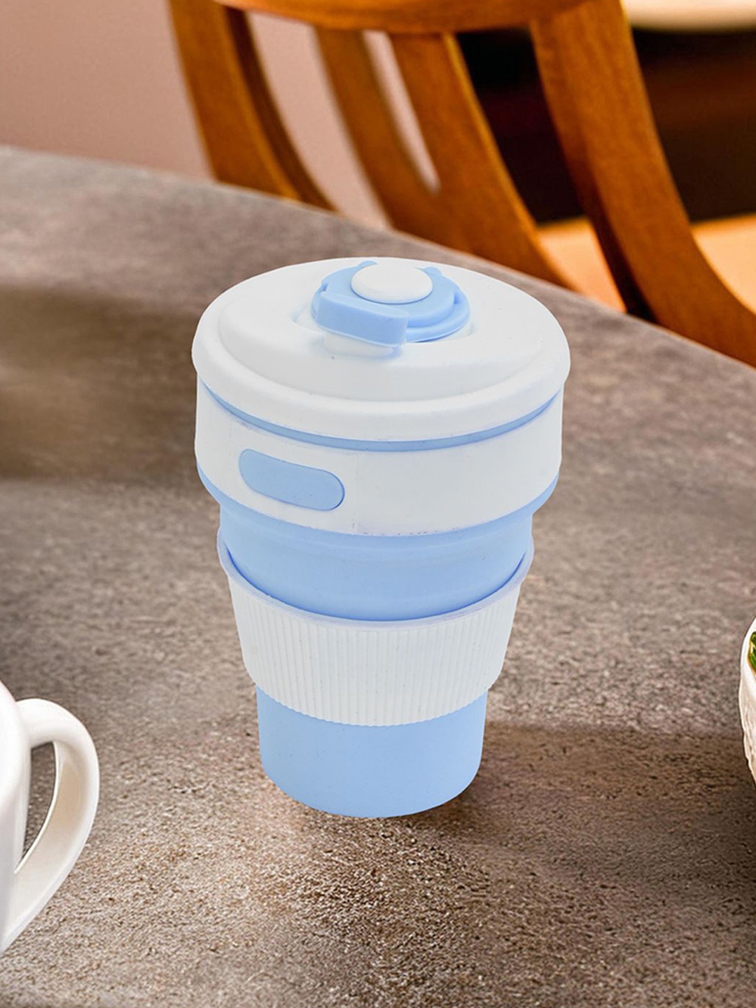 

Kuber Industries Blue & White Matte Collapsible Cup With Lid 350ml