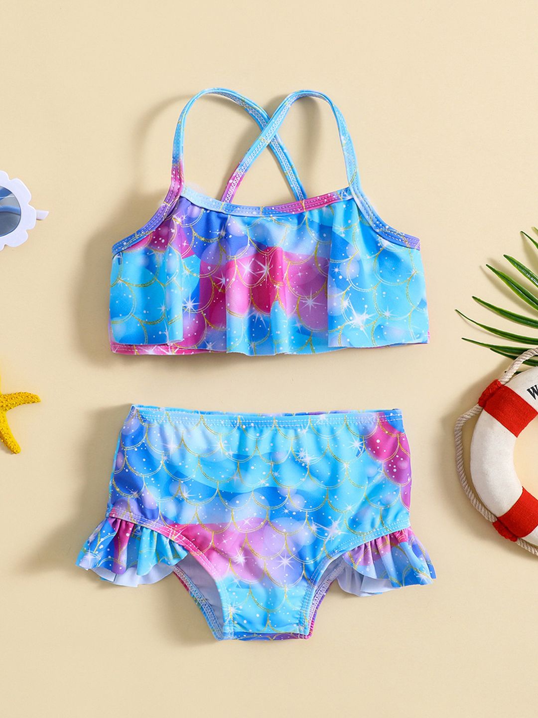 

YK Infant Girls Printed Top & Shorts Swim Set, Blue