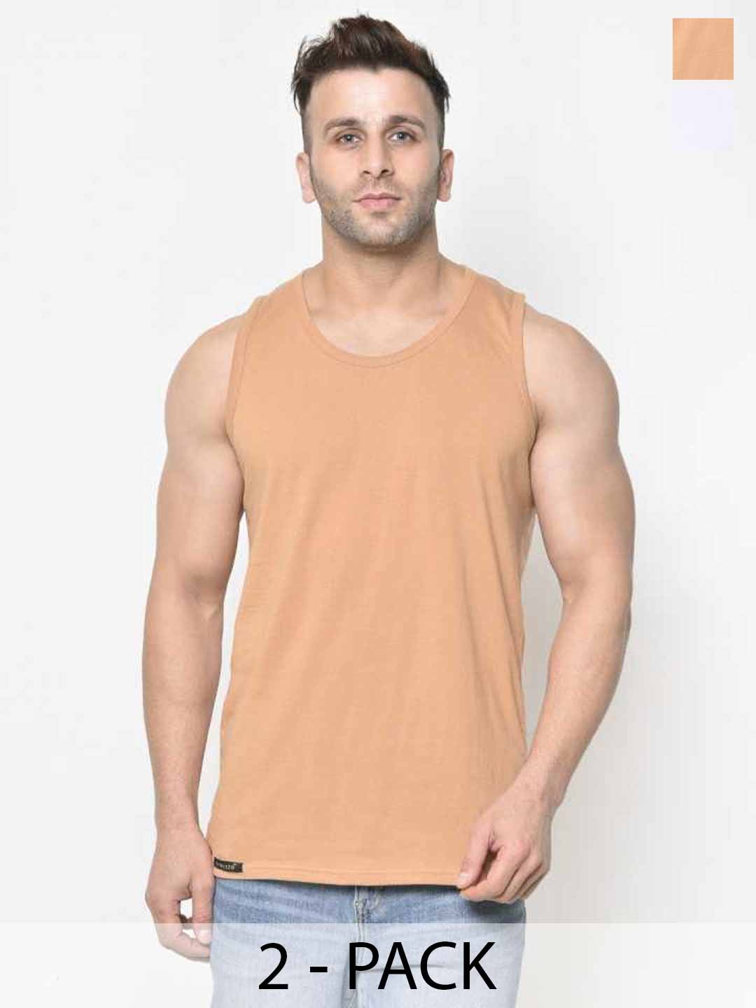 

WOOSTRO Men Pack Of 2 Solid Slim Fit Cotton T-shirt, Peach