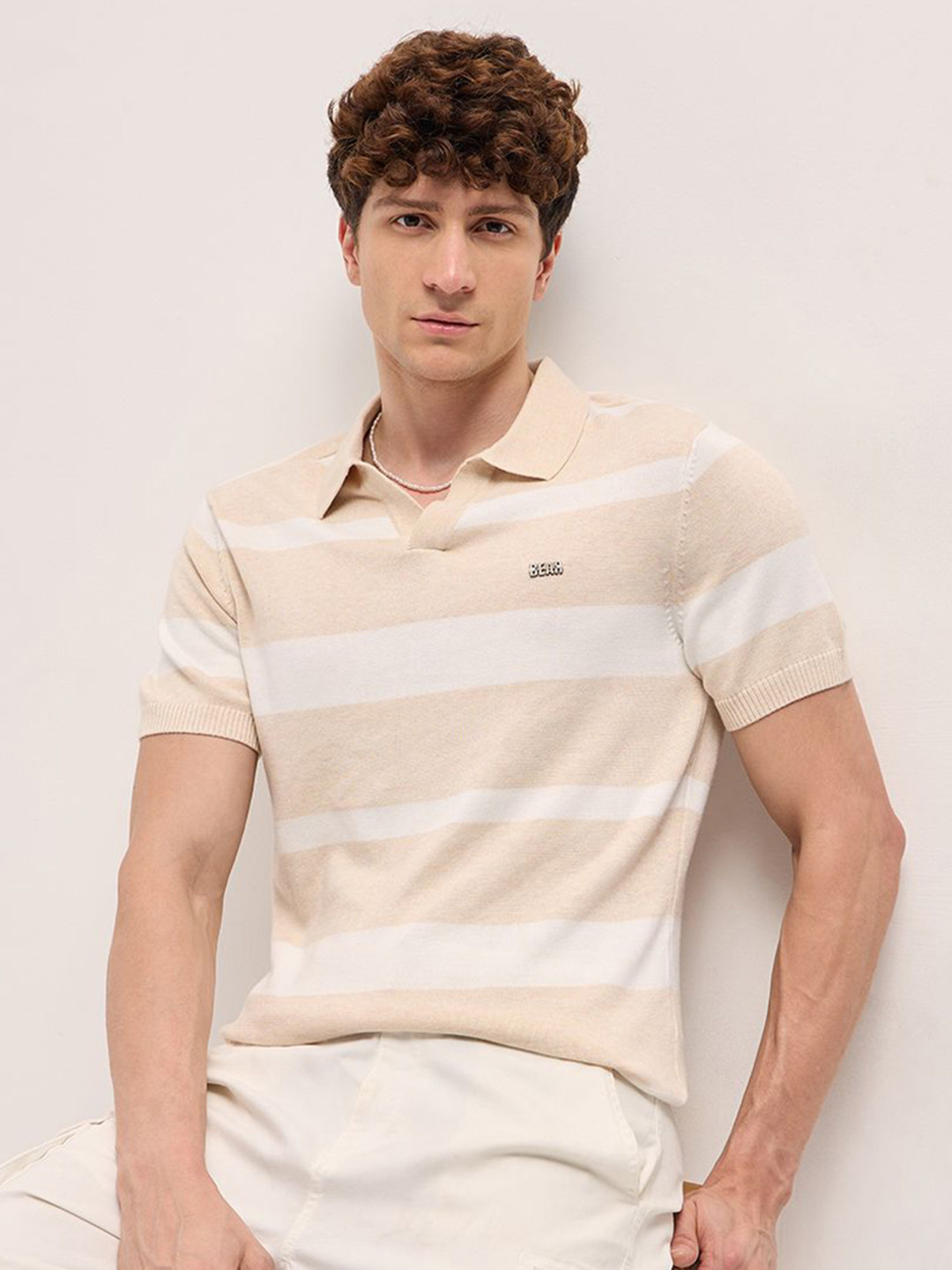 

THE BEAR HOUSE Men Striped Polo Collar Cotton Slim Fit T-shirt, Beige
