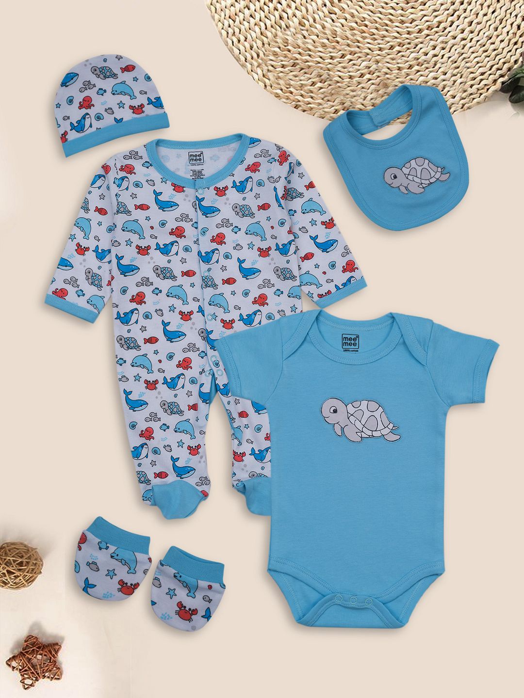 

MeeMee Infants Kids 5-Pcs Printed Pure Cotton Baby Apparel Gift Set, Blue