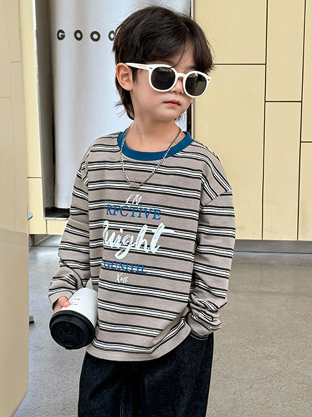 

LULU & SKY Boys Striped Round Neck Cotton Oversized T-shirt, Green
