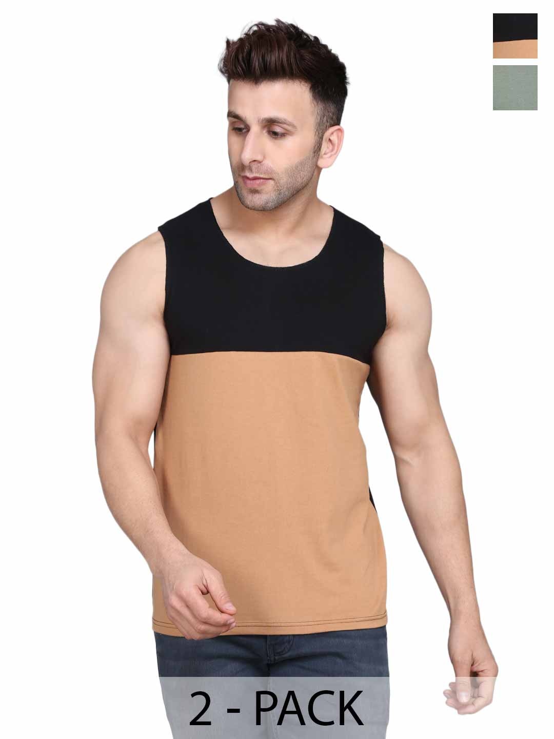 

WOOSTRO Men Pack Of 2 Solid Round Neck Cotton Slim Fit T-shirts, Green