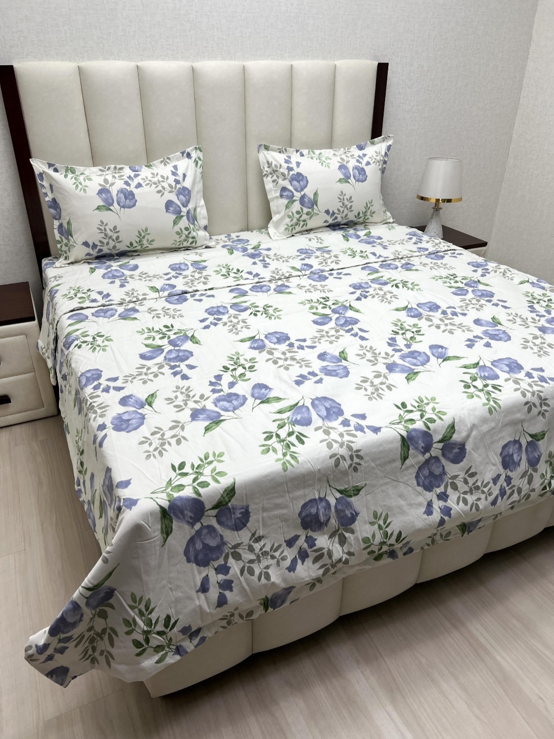 

Pure Decor White & Blue Floral Printed Double King Superfine Bedding Set