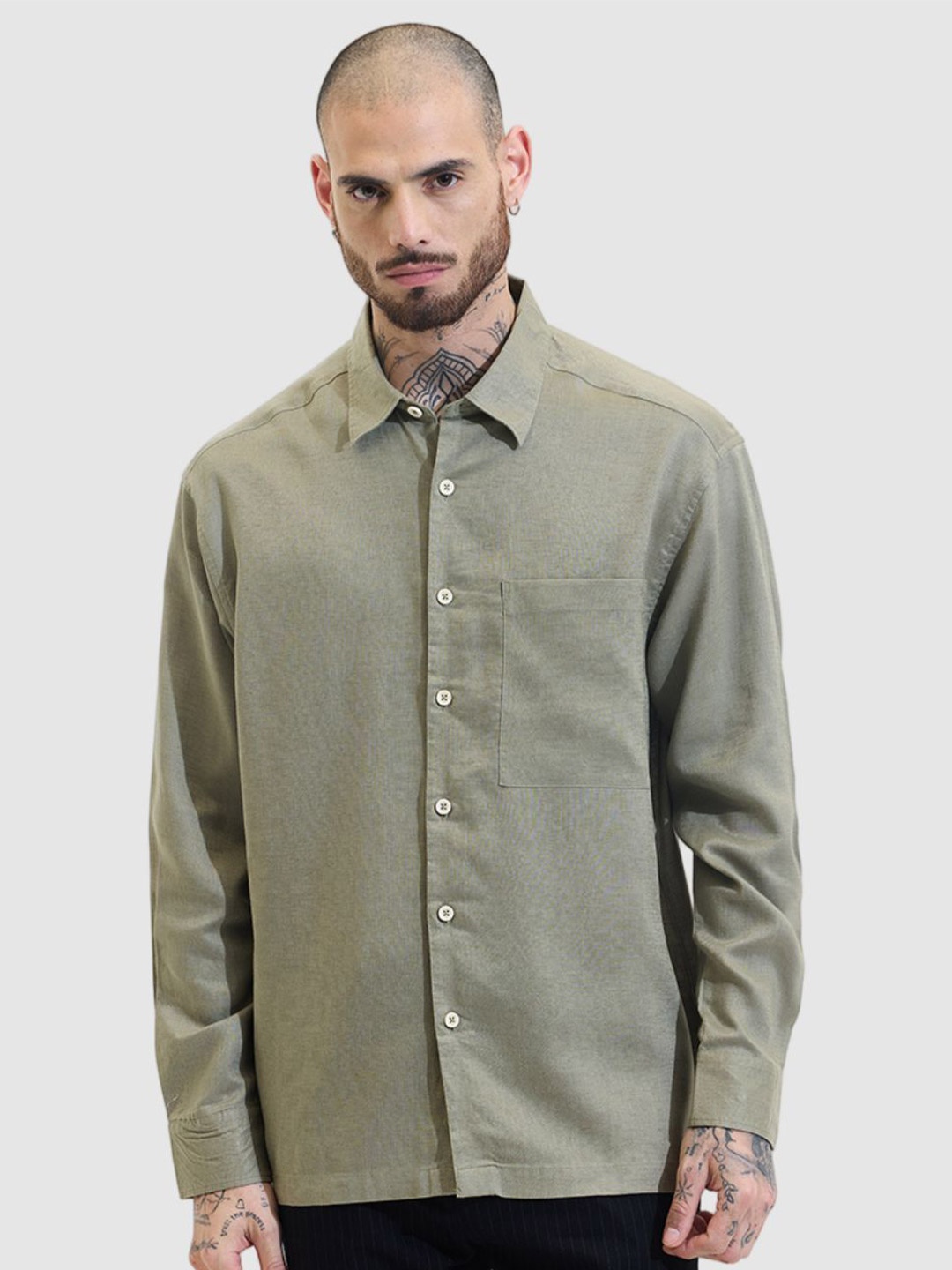 

Snitch Men Relaxed Fit Spread Collar Solid Linen Casual Shirt, Olive