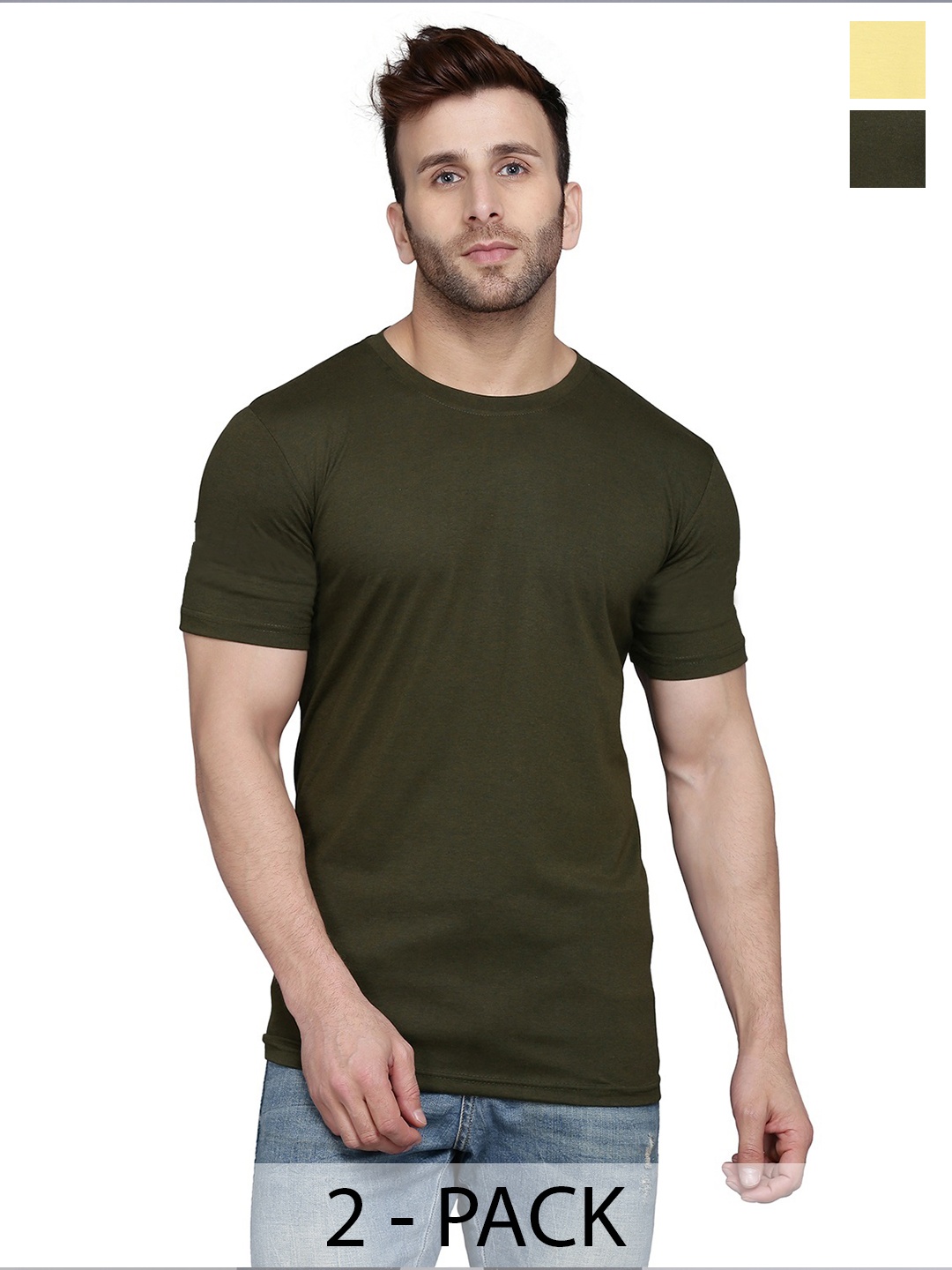 

WOOSTRO Men Pack Of 2 Solid Round Neck Cotton Slim Fit T-shirts, Olive