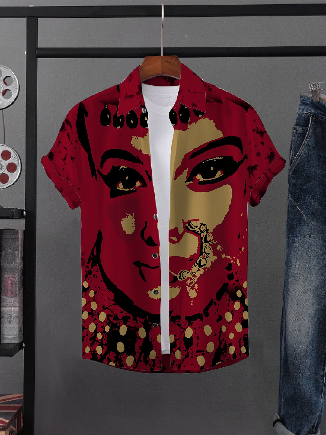 

iCome Men Slim Fit Spread Collar Graphic Printed Casual Shirt, Red