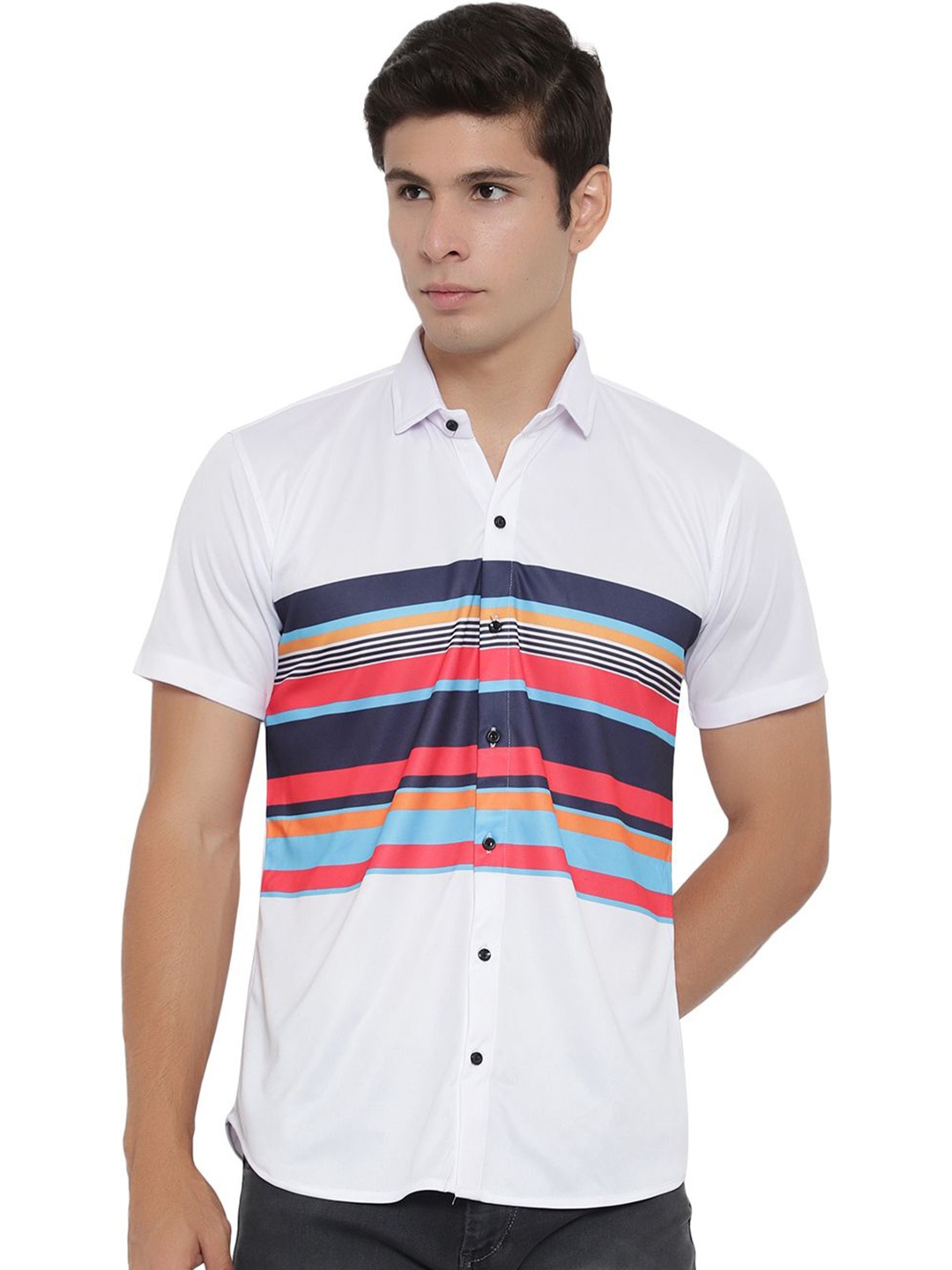 

iCome Men Spread Collar Multi Striped Cotton Linen Casual Shirt, White