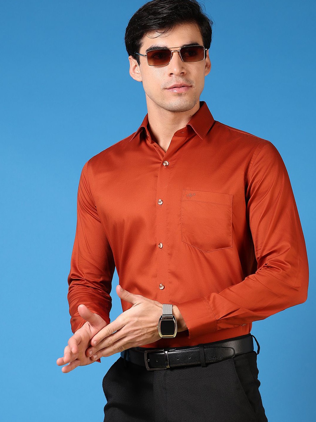 

V-Mart Men Slim Fit Spread Collar Solid Cotton Formal Shirt, Rust