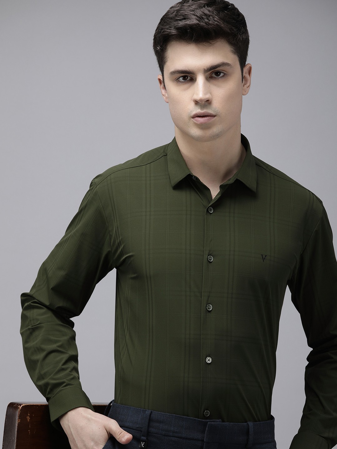 

V Dot Slim Fit Checked Smart Casual Shirt, Olive