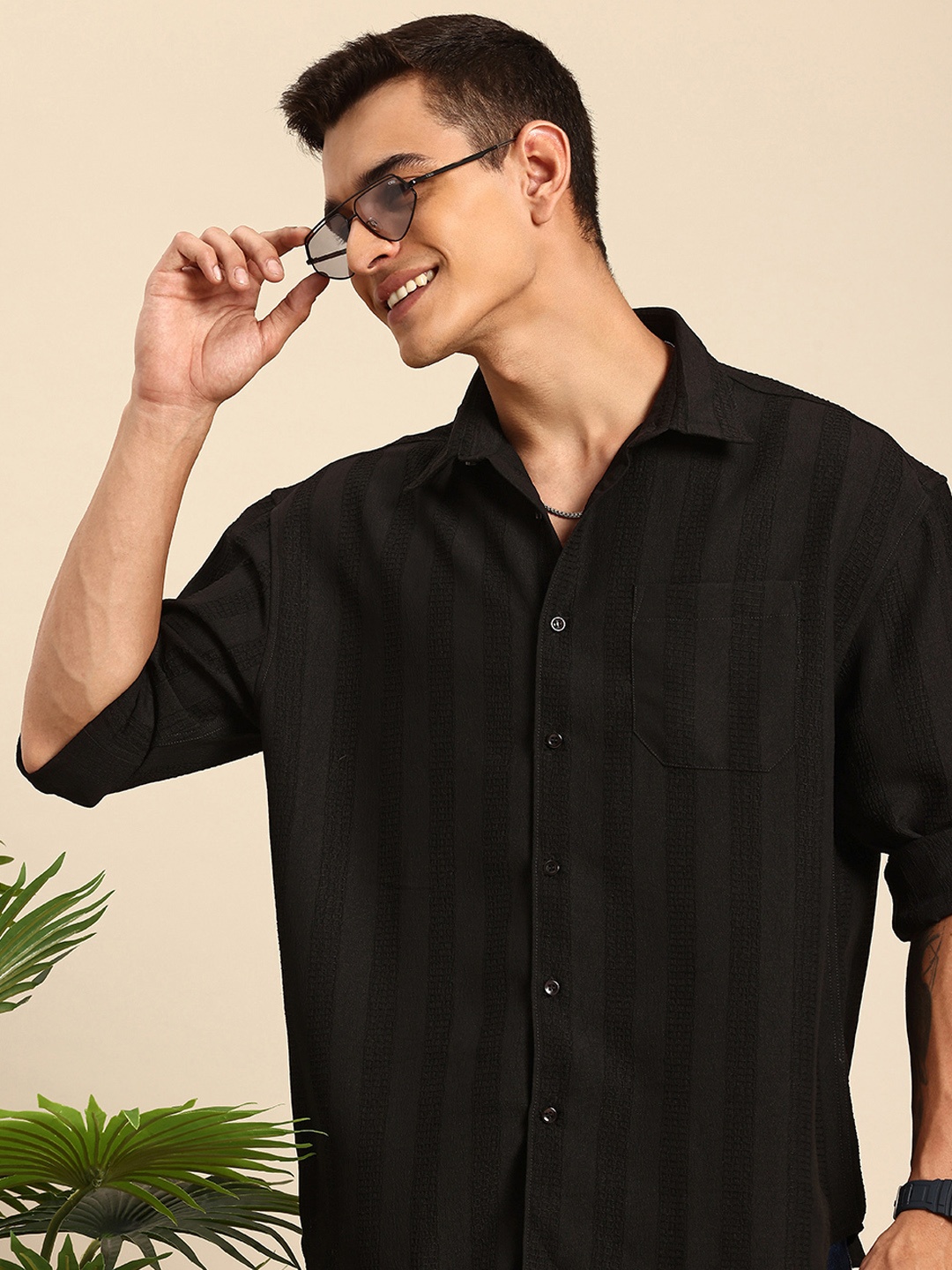 

Mast & Harbour Self Striped Drop-Shoulder Sleeves Oversized Casual Shirt, Black