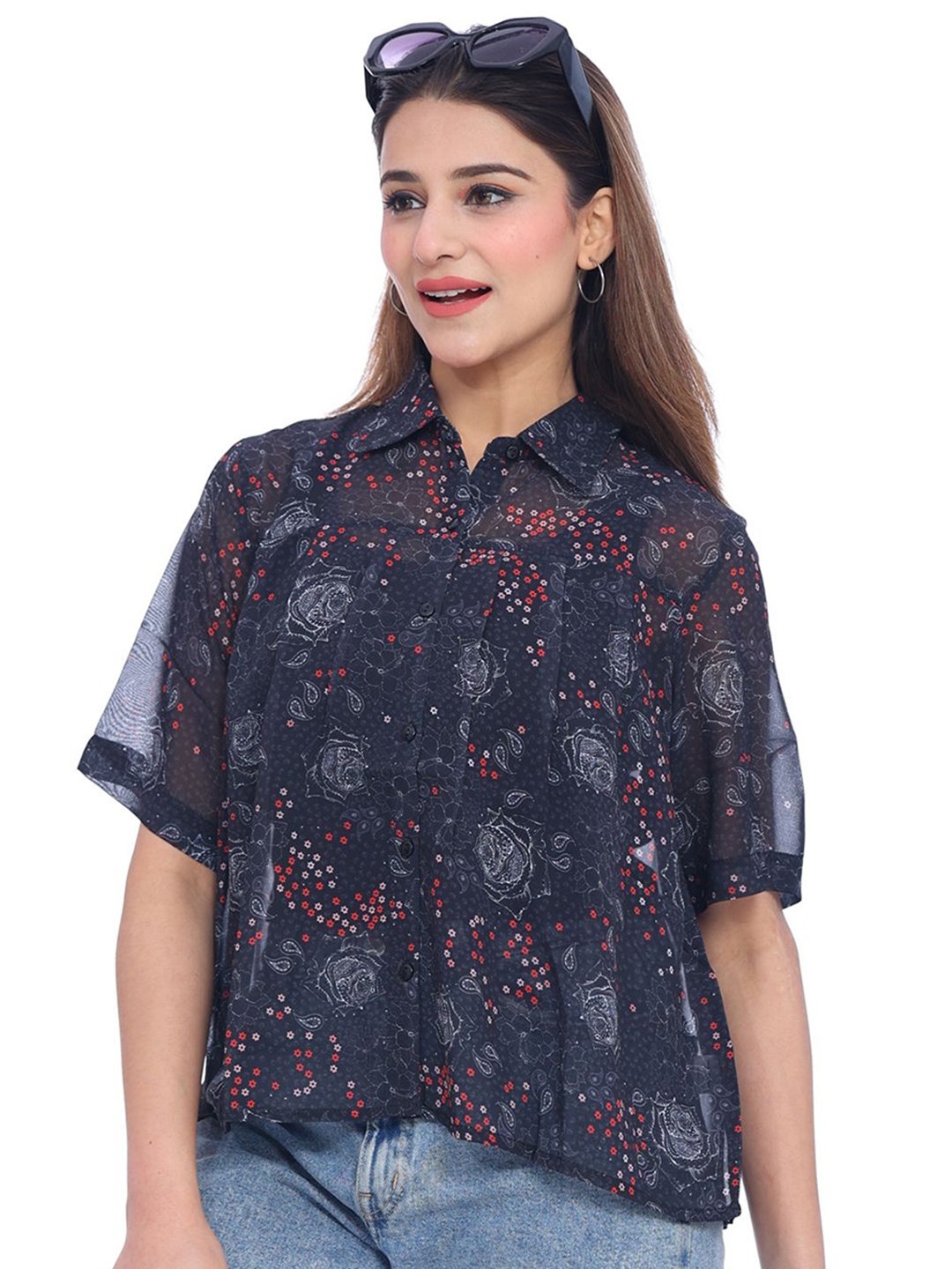 

Moda Elementi Women Floral Printed Shirt Style Top, Black
