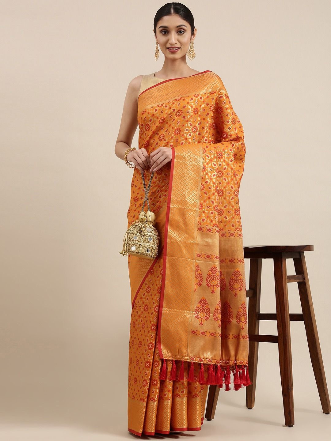 

DIVASTRI Woven Design Zari Silk Blend Patola Saree, Orange