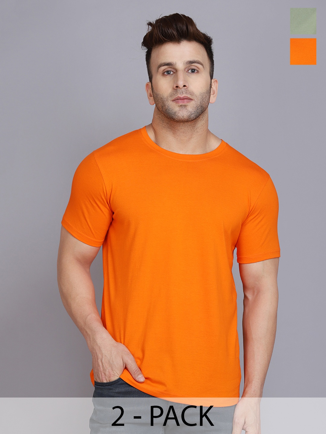 

WOOSTRO Men Pack Of 2 Solid Round Neck Cotton Slim Fit T-shirts, Orange