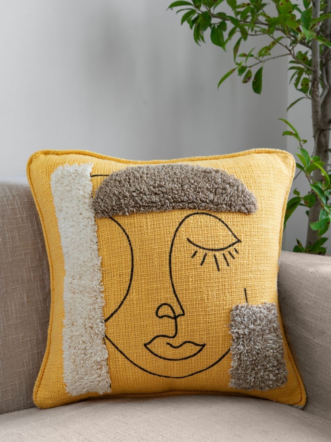 

Rya Living Summer Sorbet Yellow Abstract Embroidered Cotton Square Cushion Cover