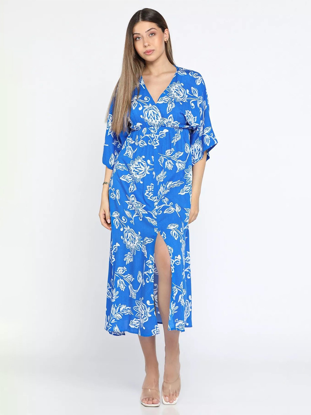 

PIMU Floral Printed Flared Sleeves Fit & Flare Midi Dress, Blue