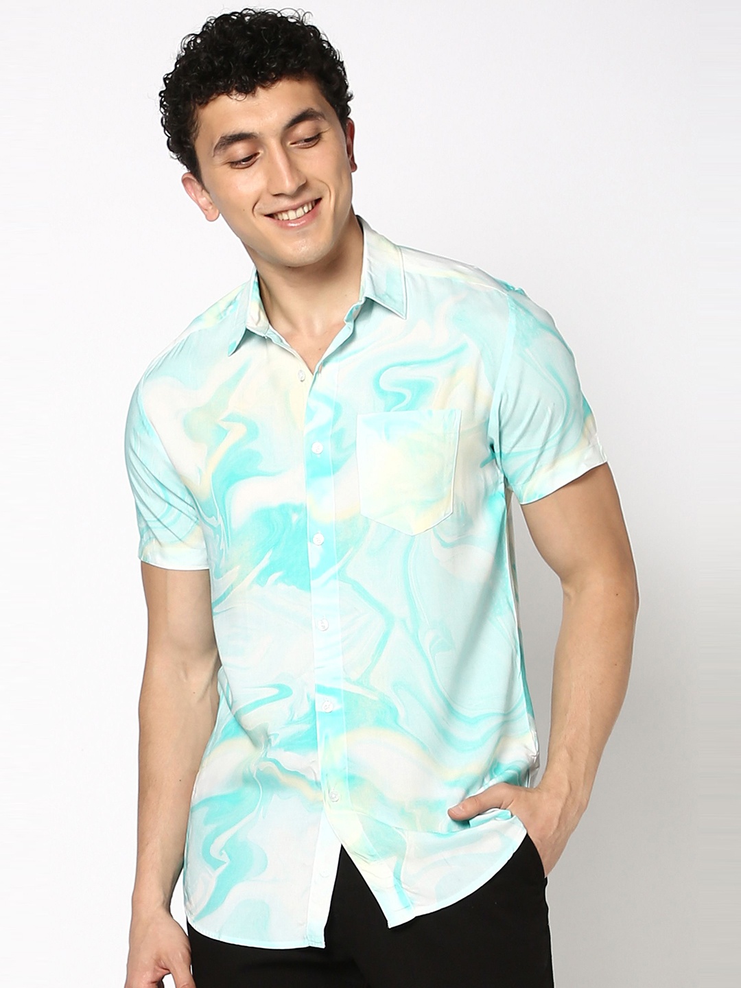 

Blue Buddha Men Sport Fit Spread Collar Abstract Printed Cotton Casual Shirt, Turquoise blue