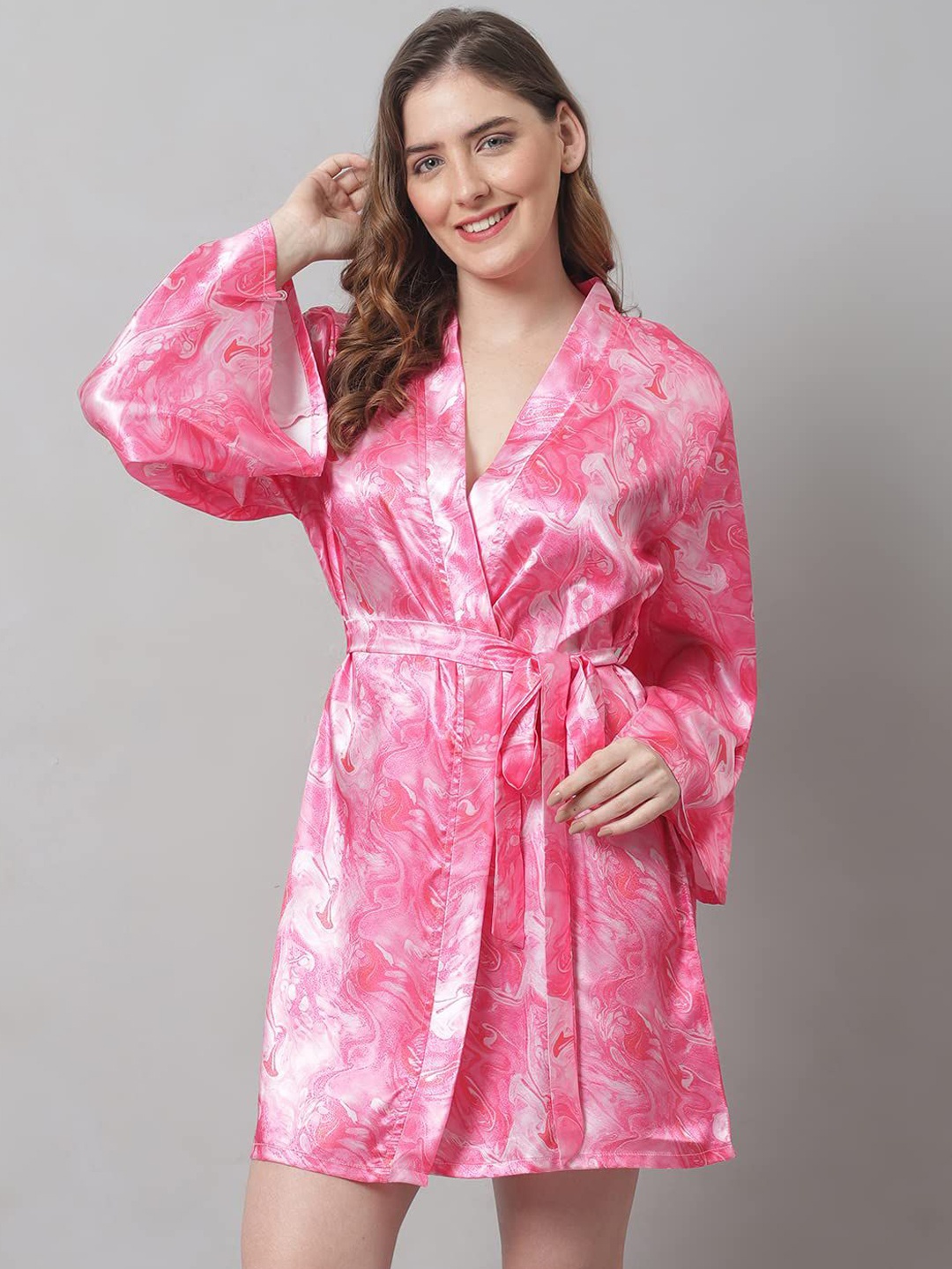 

Beera Women Printed Shawl Collar Neck Robe, Pink