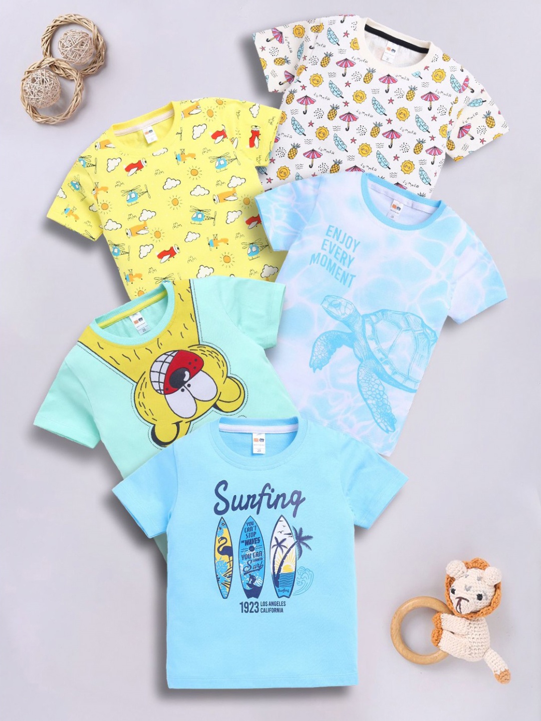 

LITTLE NINJA Boys Pack Of 5 Graphic Printed Round Neck Cotton T-shirts, Blue