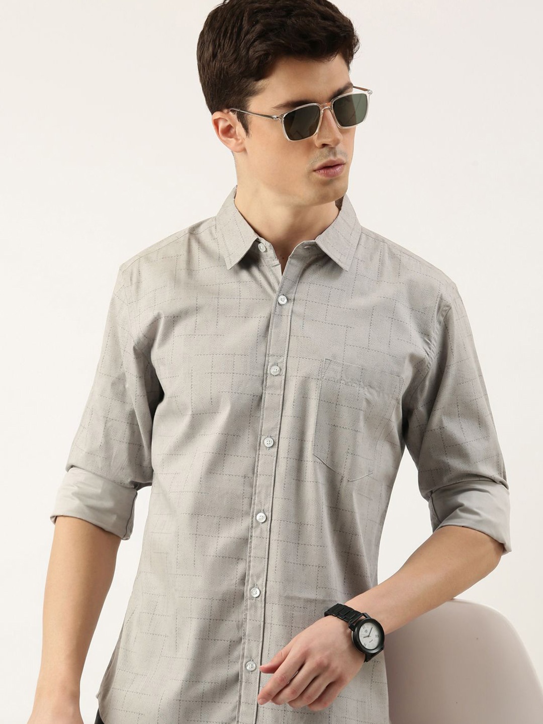 

Provogue Men Spread Collar Abstract Printed Cotton Casual Shirt, Grey