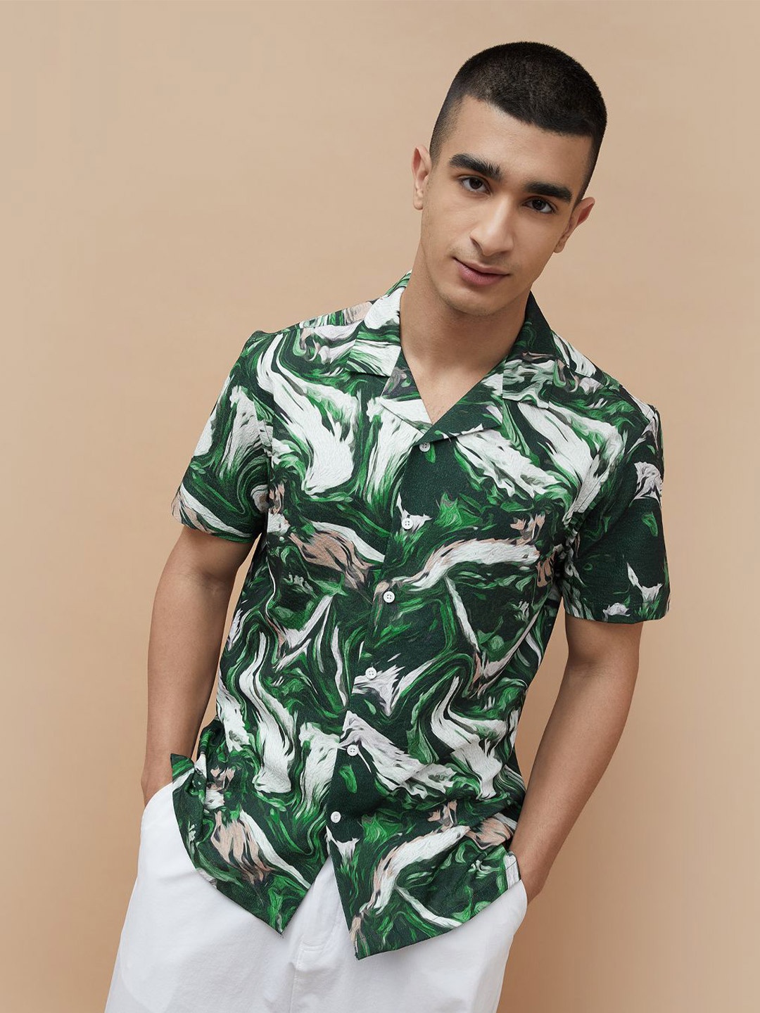 

Forca Men Cuban Collar Abstract Printed Casual Shirt, Green