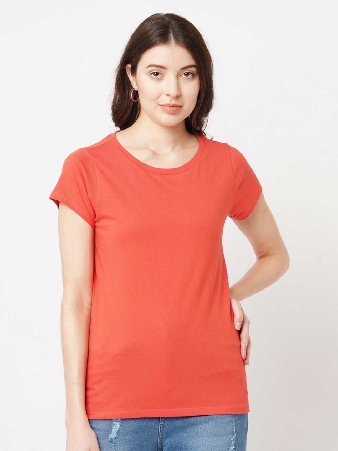 

Mast & Harbour Women Solid Round Neck Cotton T-shirt, Orange
