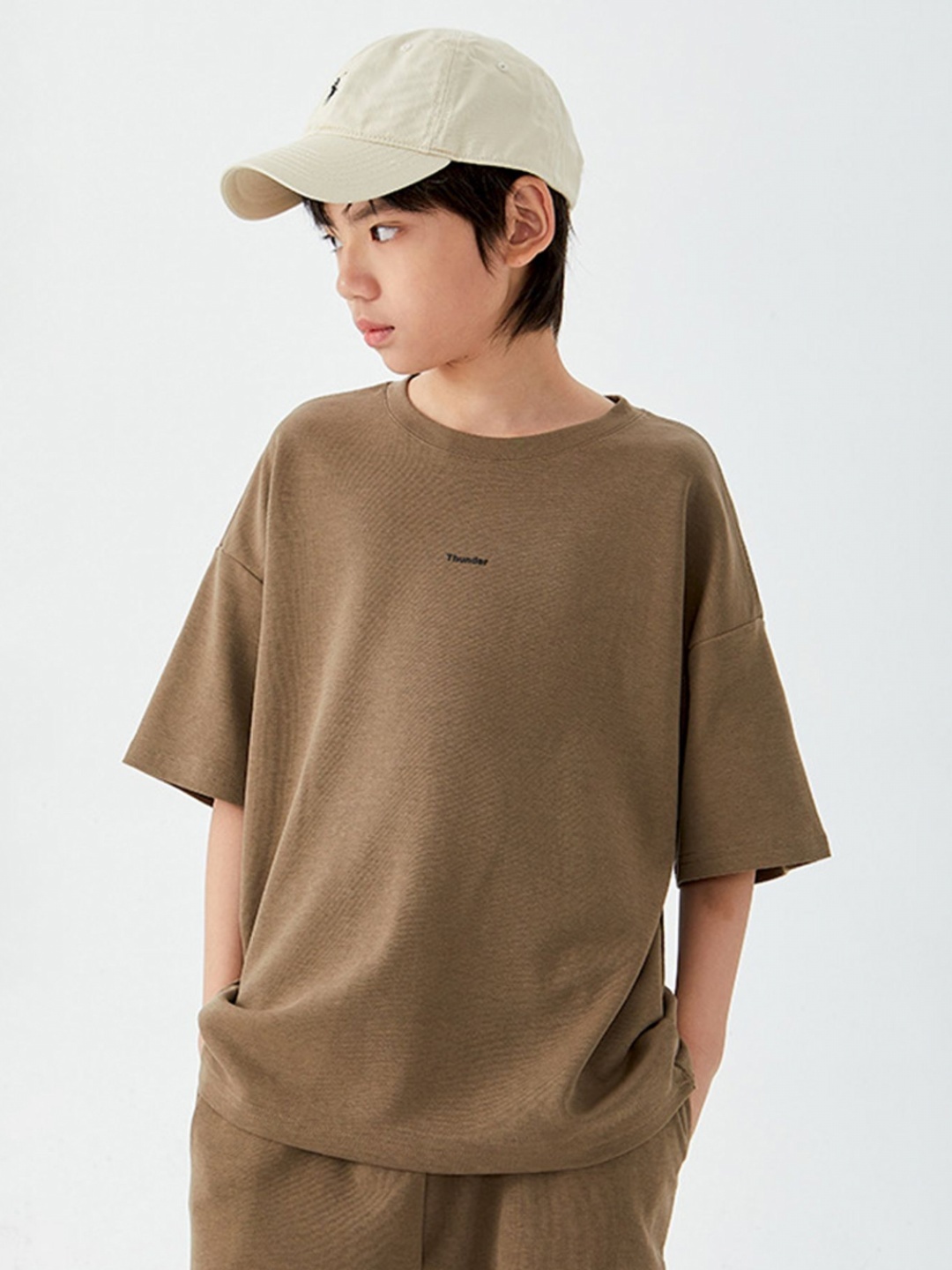 

LULU & SKY Boys Solid Round Neck Cotton Oversized T-shirt, Brown