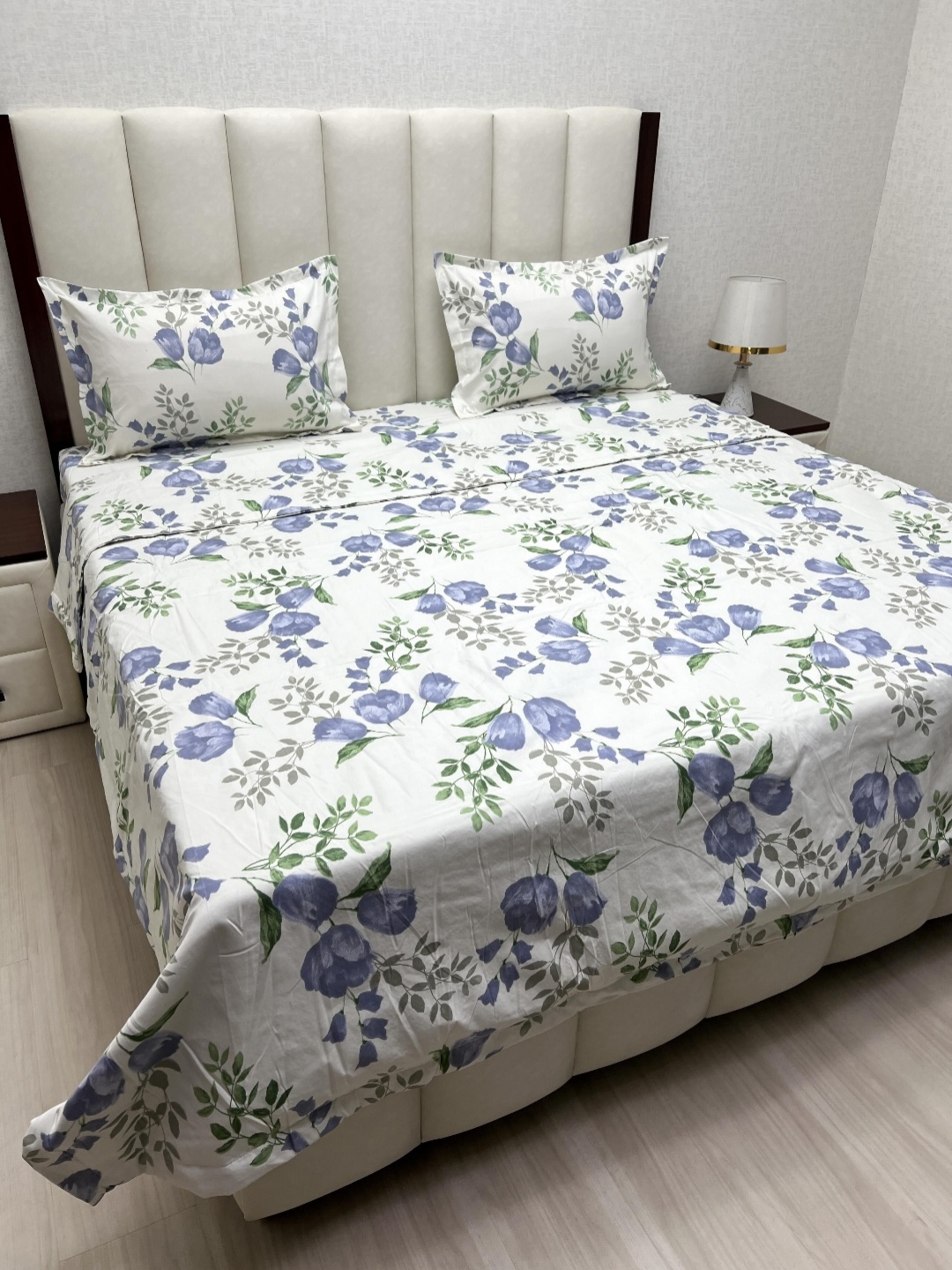 

Pure Decor White & Blue Floral Printed Double King Superfine Bedding Set