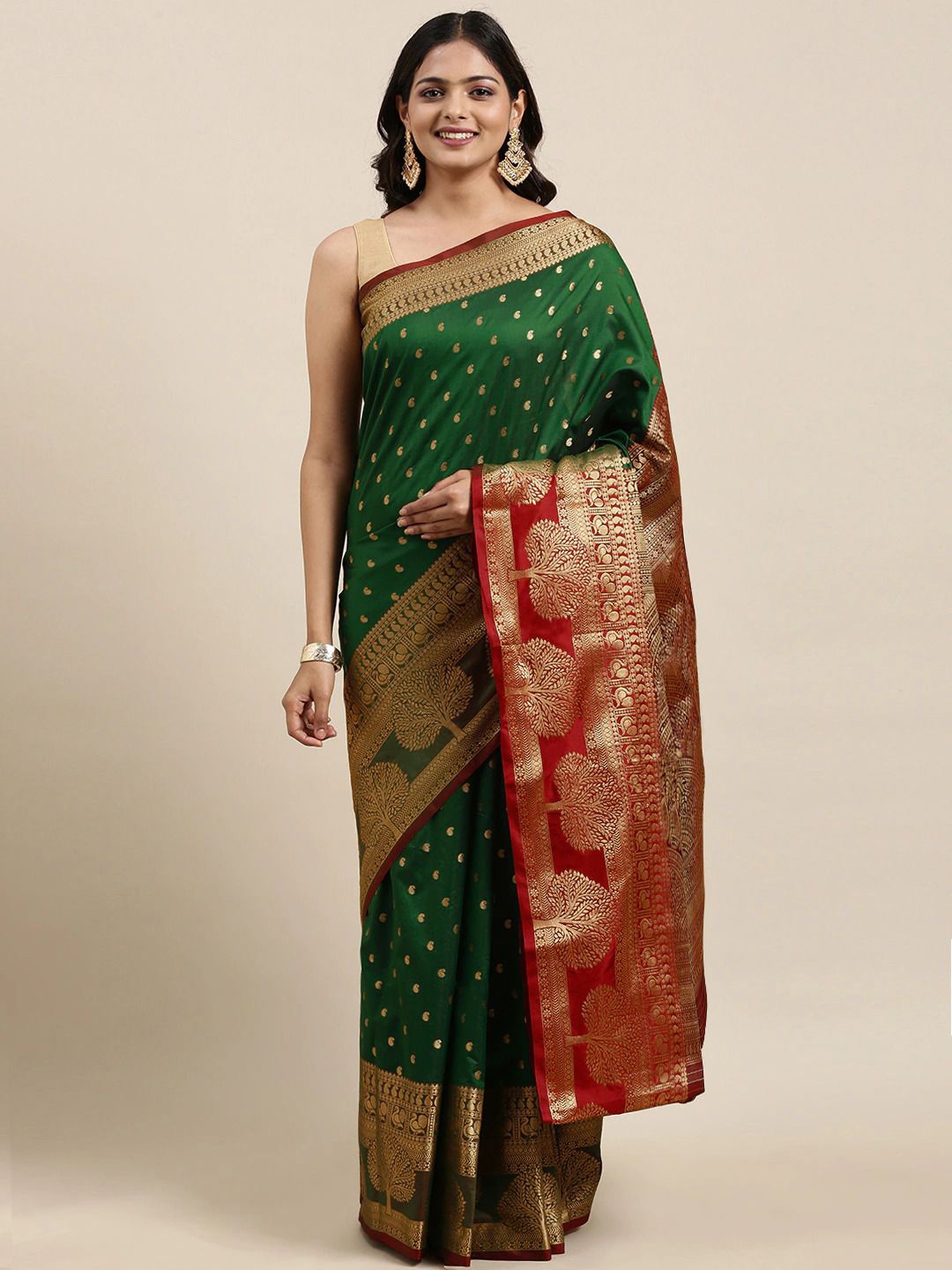 

DIVASTRI Woven Design Zari Silk Cotton Banarasi Saree, Green