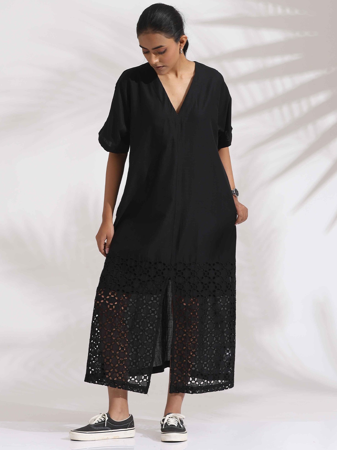 

trueBrowns Women Black Cotton Schiffli Slit Dress