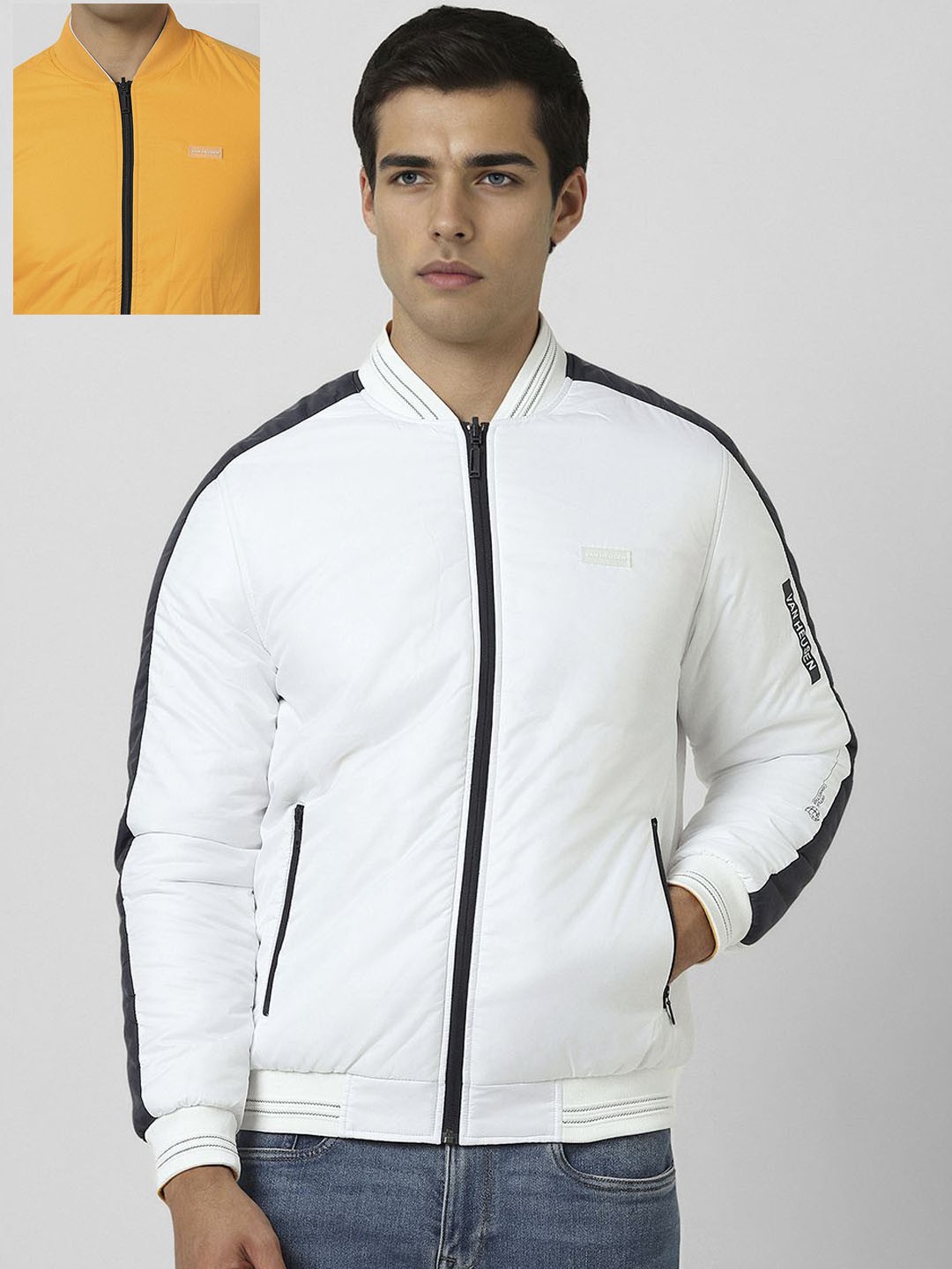 

Van Heusen Flex Men Stand Collar Solid Cotton Casual Bomber Jacket, White
