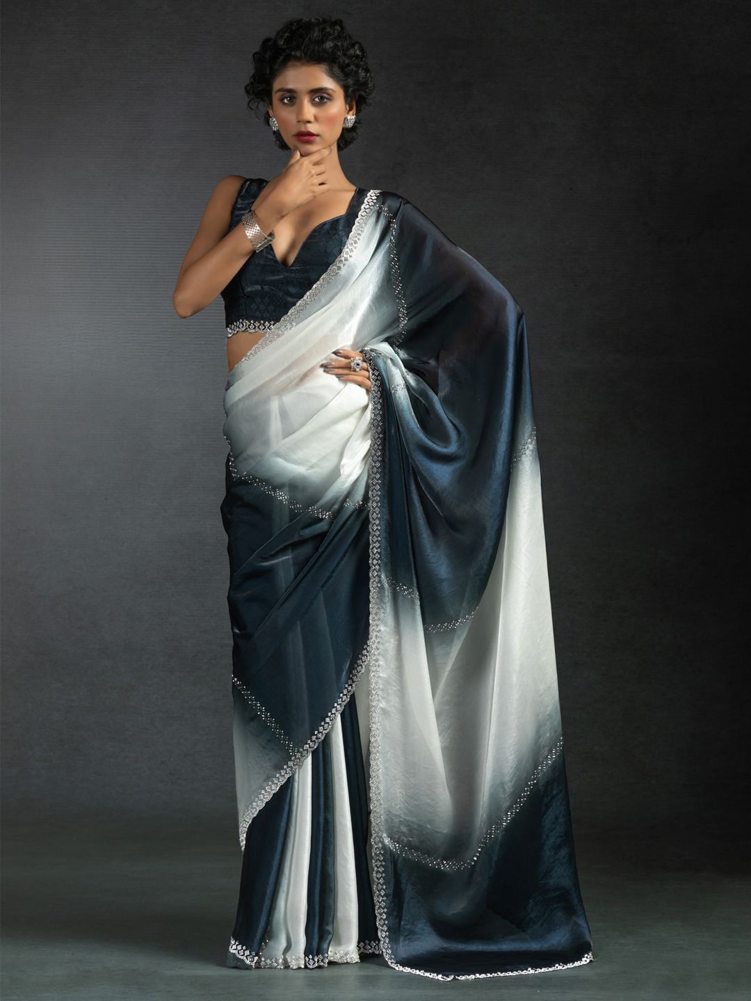 

Saree mall Ombre Beads and Stones Satin Sarees, Grey