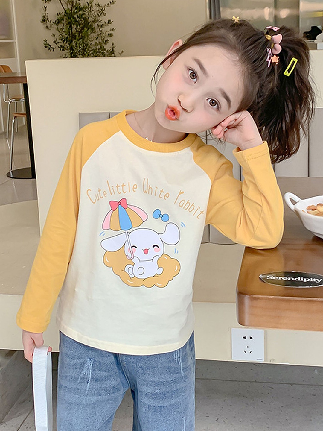 

LULU & SKY Girls Graphic Printed Round Neck Cotton T-shirt, Beige