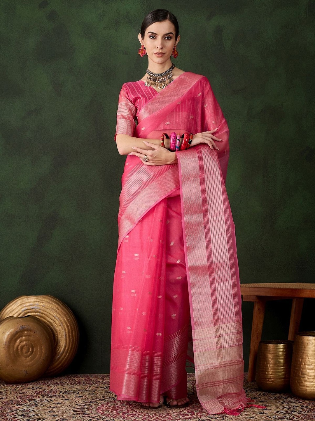 

ODETTE Pink Organza Woven Saree With Unstitched Blouse For Women
