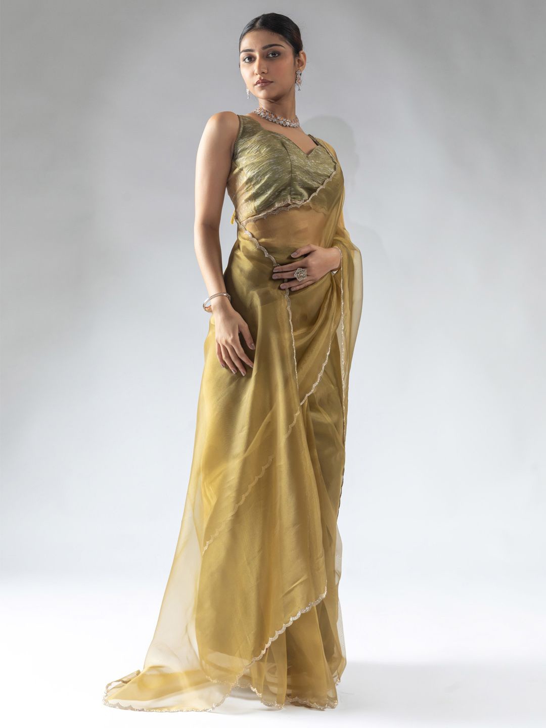 

Saree mall Beads and Stones Organza Ready to Wear Sarees, Olive