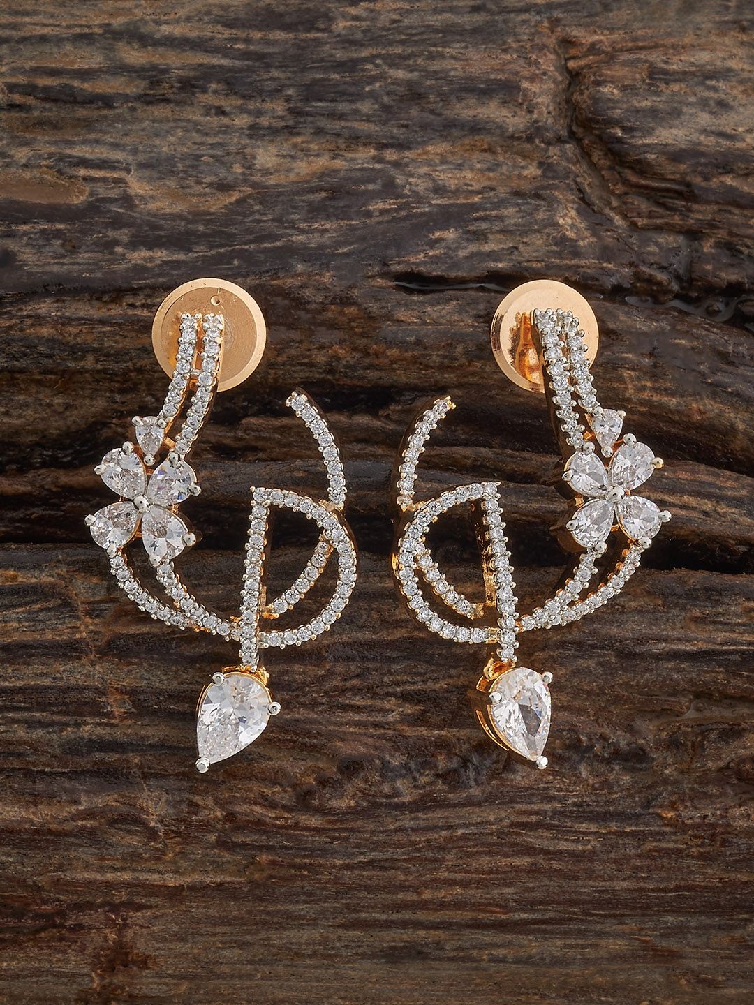 

Kushal's Fashion Jewellery Rhodium Gold-Plated Quirky Zircon Studded Drop Earrings