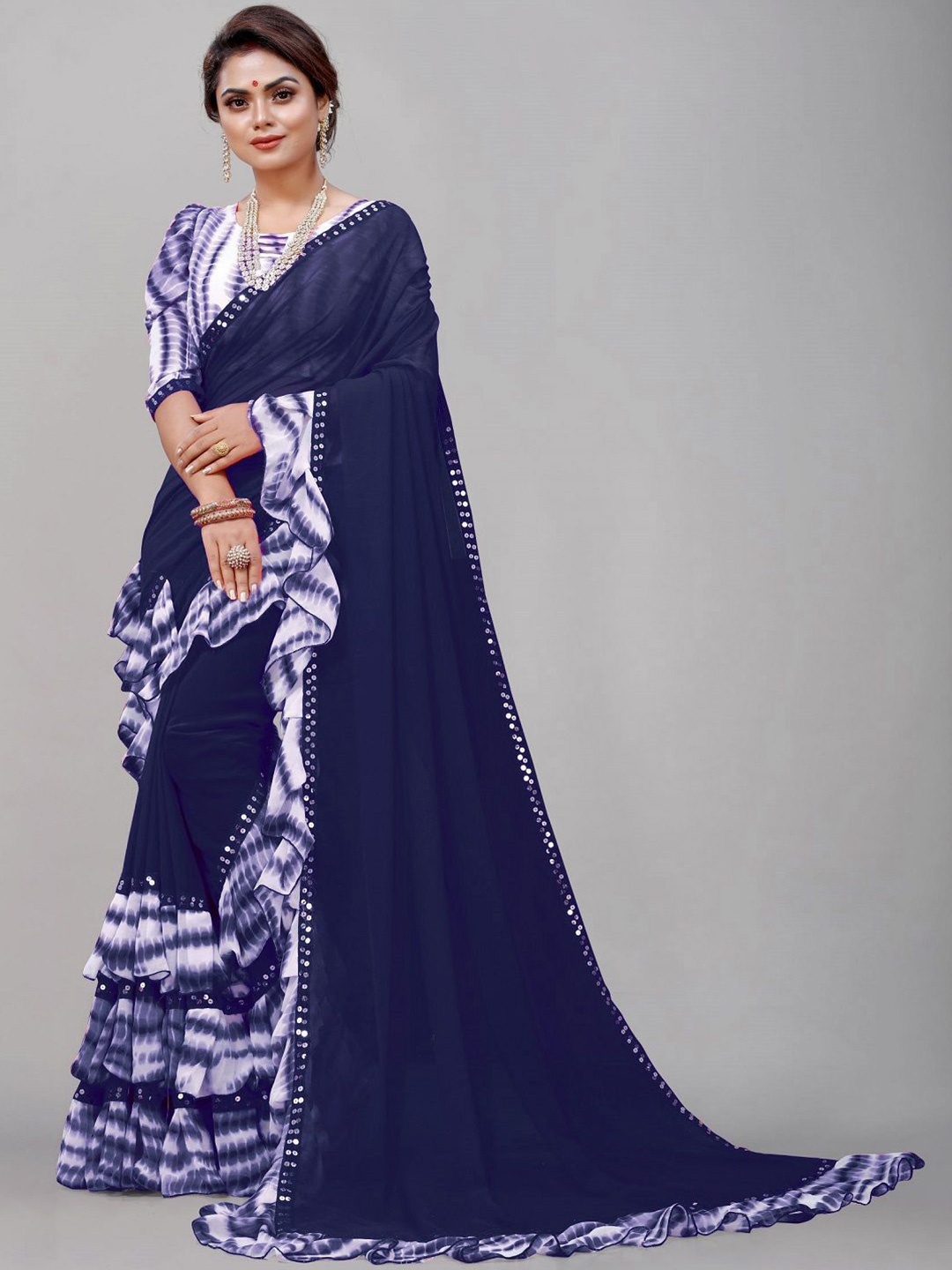 

Moda Rapido Leheriya Mirror Work Pure Georgette Leheriya Saree, Navy blue