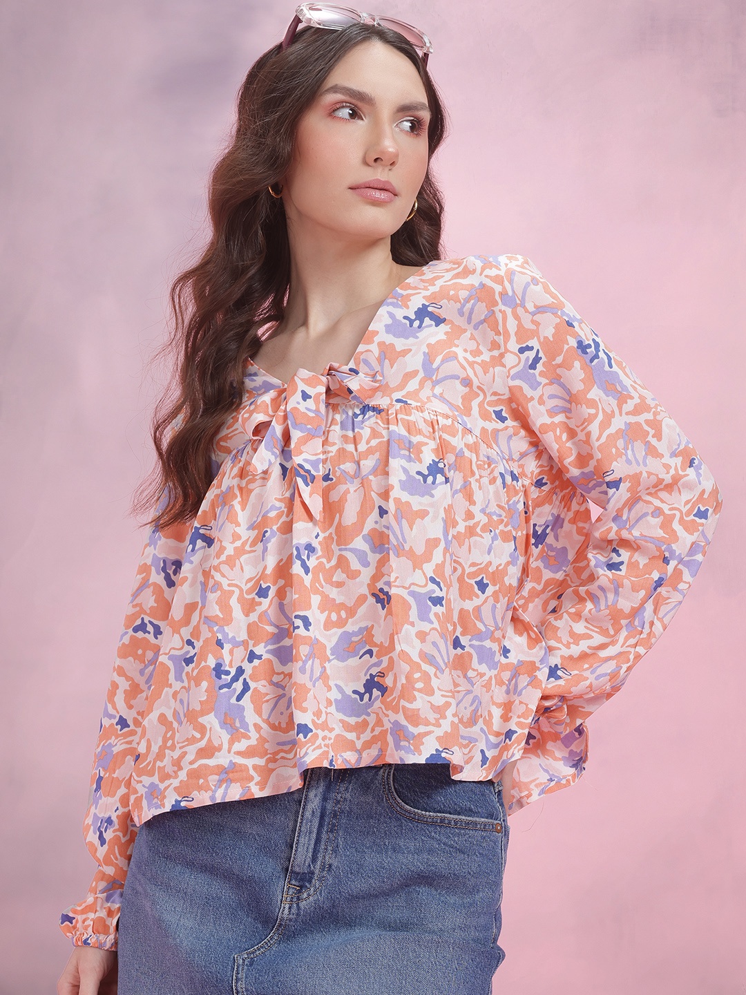 

DressBerry Printed Tie-Up Neck Puff Sleeve Top, Peach