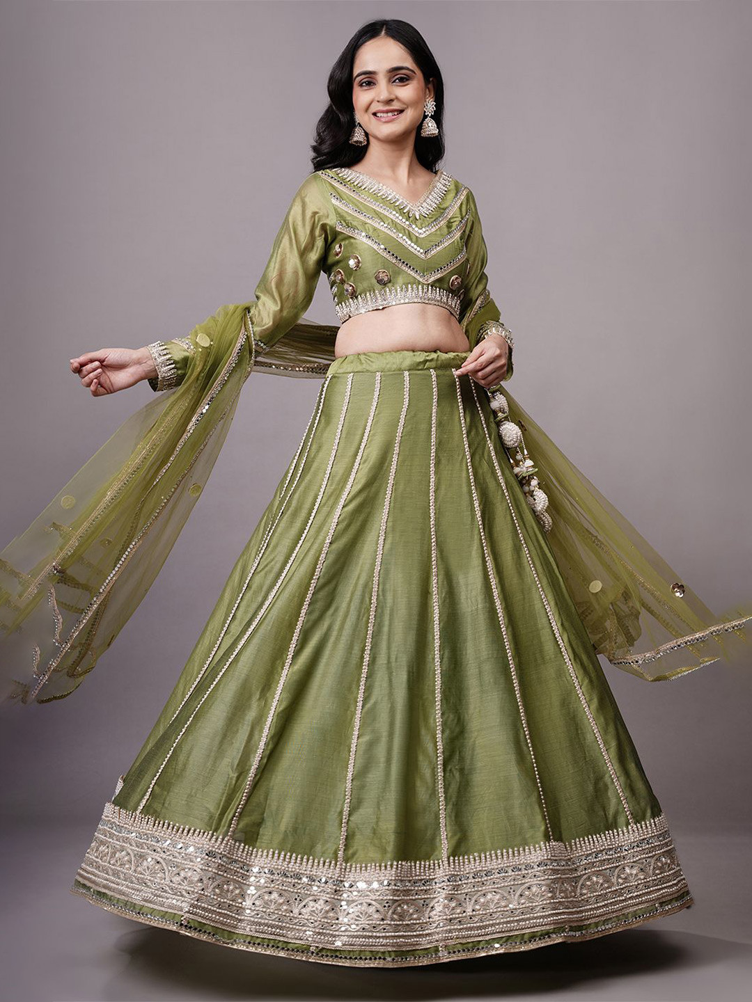 

Utsav Fashion Embroidered Mirror Work Ready To Wear Lehenga & Choli With Dupatta, Olive
