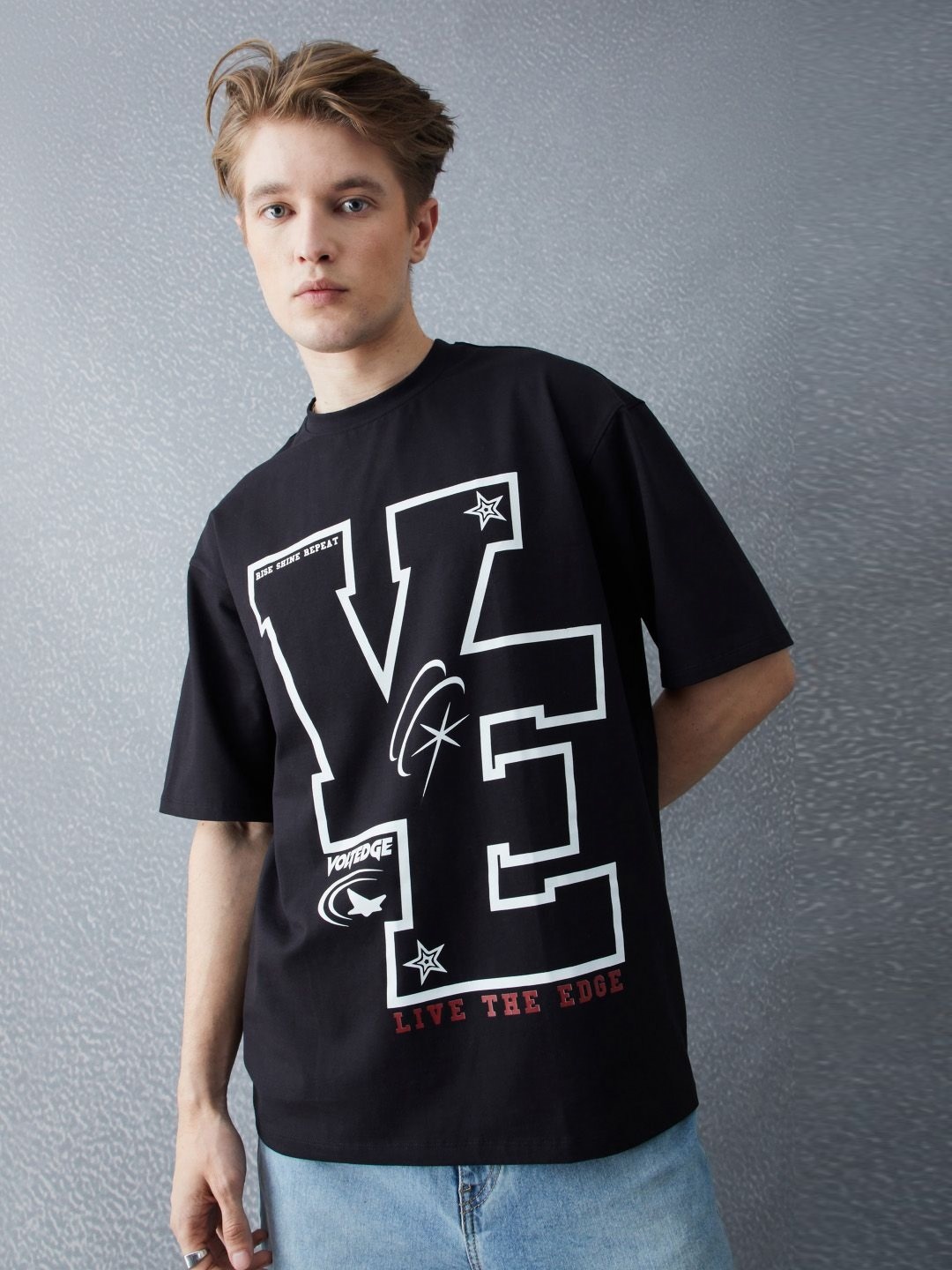 

VOLTEDGE Men Typography Printed Round Neck Cotton Oversized T-shirt, Black