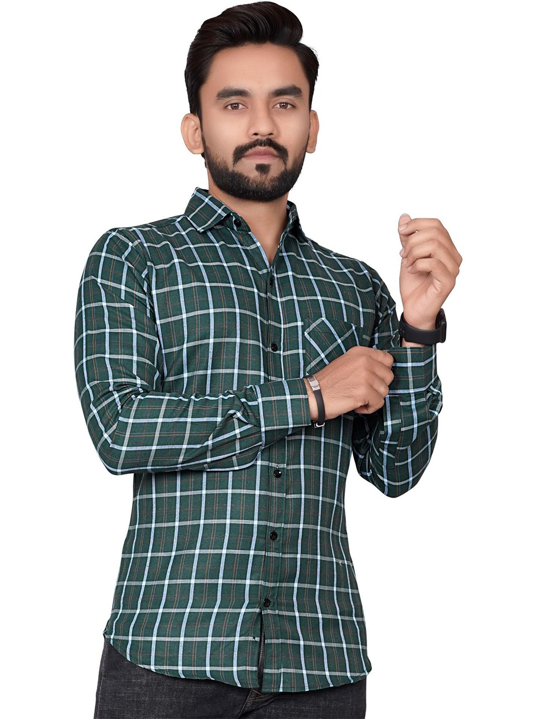 

Metronaut Men Regular Fit Spread Collar Grid Tattersall Checked Cotton Casual Shirt, Olive