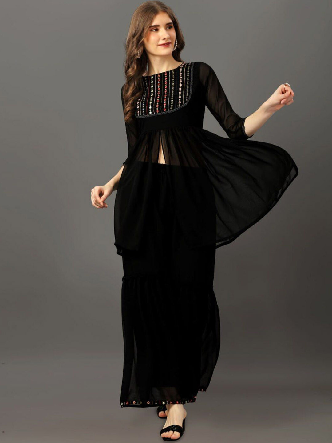 

DIVASTRI Mirror Work A-Line Georgette Kurti With Sharara, Black